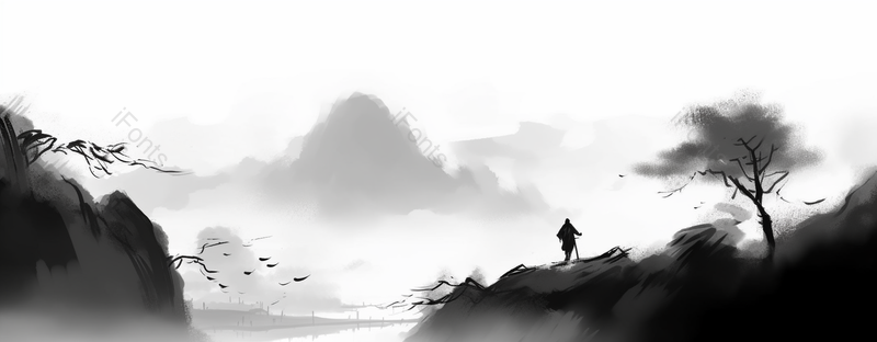 行人拄着拐杖行走在岸边水墨中国画背景壁纸抽象水墨山水风景画,插画/手绘图,插画/手绘图库,插画/手绘图下载,插画/手绘
